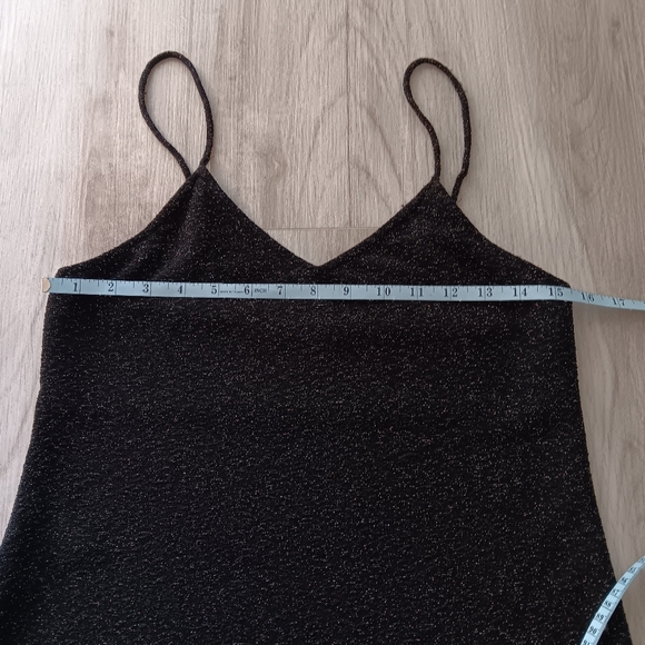 Angie Slip Mini Dress Black Silver Metallic Shimmer Spaghetti Strap Low V Medium - Picture 10 of 14